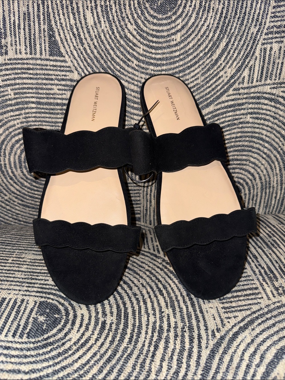 Stuart Weitzman Black Scalloped Double-Strap Slides Quiet Luxury Sz 11 Boho